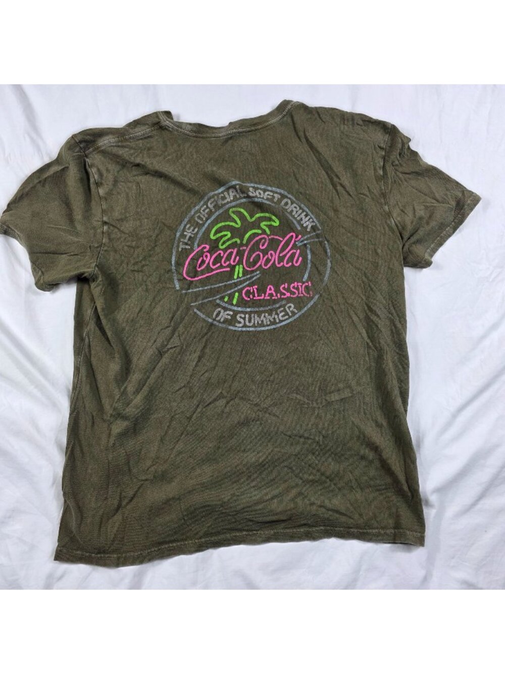Lucky Brand x Coca-Cola Mens Size Large Olive Green Shirt Summer Palm Tree